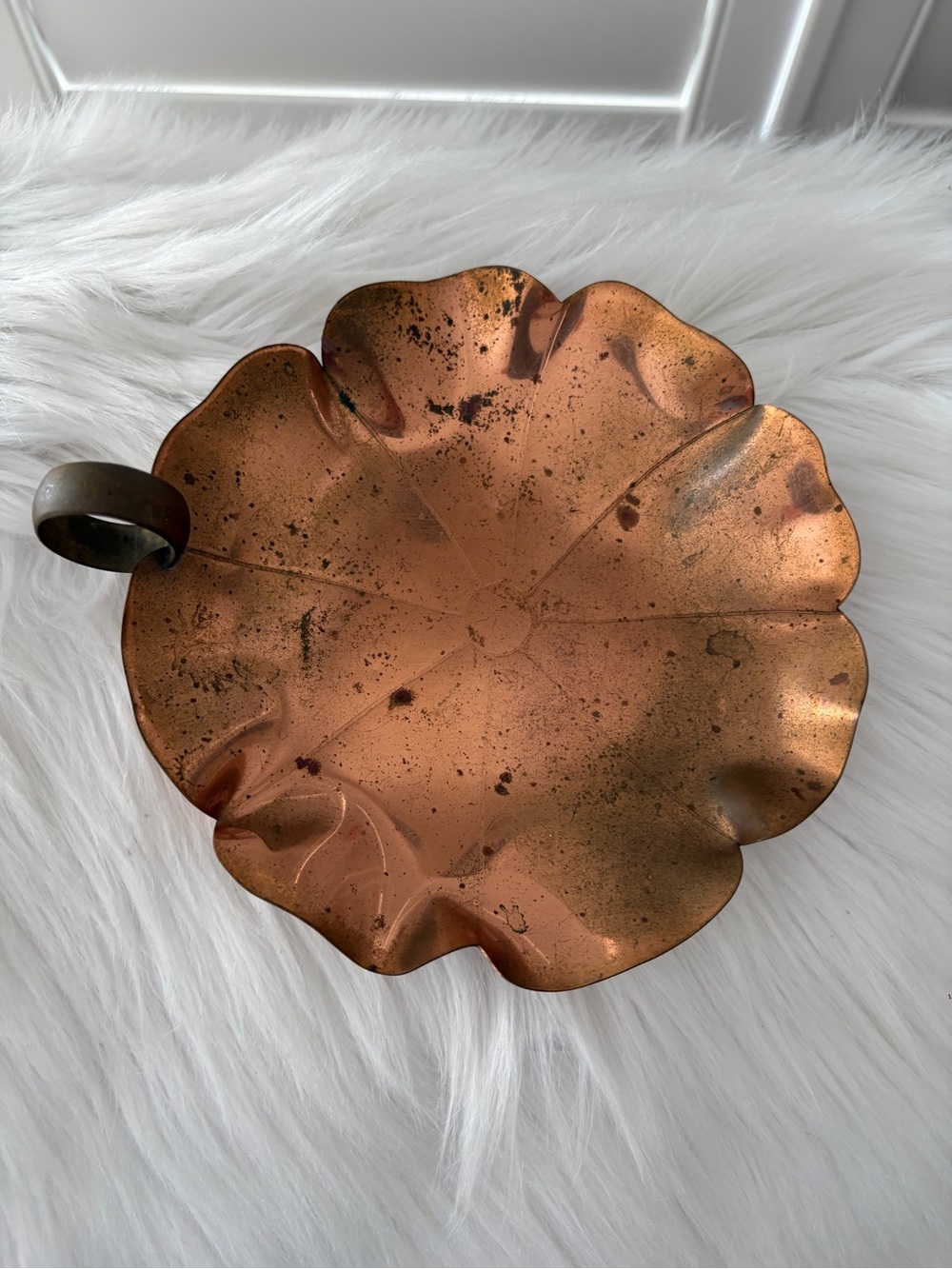 Vintage Copper Leaf-Shaped candle holder or trinket dish 
With brass handle